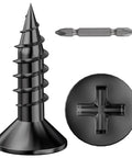 Heavy Duty Black Oxide Flat Head Wood Screws 8x5/8 Inch Self Tapping Quick Metal 340 Piece Set close-up of screw head and bit