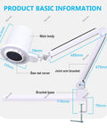 Diagram of 80W Pro Grade Nail Dust Collector With Adjustable Suction And Built In Lighting, showing dimensions and components.
