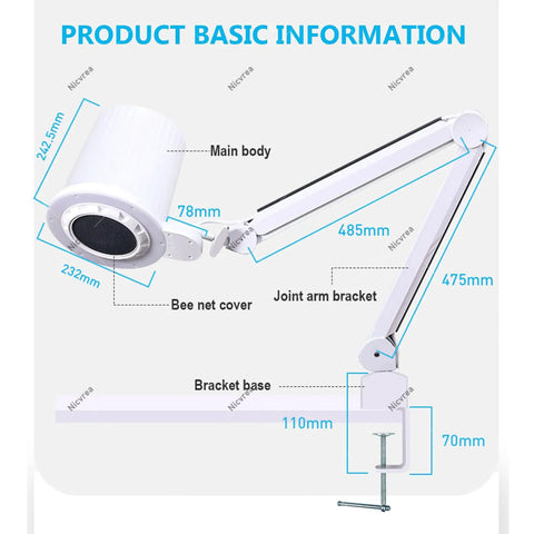Diagram showing parts of Desktop Nail Dust Collector With Lamp, 80W High Power Vacuum, Low Noise, Replacement Filter, Universal Table Mount
