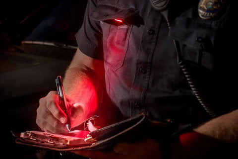 Hands Free LED Pocket Light Clip On For Shirts And Molle 160 Degree Adjustable LED Arm White Modes 20 100 200 Lumens Plus 20 Lumen Red Tactical Beam USB Rechargeable Aluminum Housing Auto Off After 20 Minutes illuminating officer's notes
