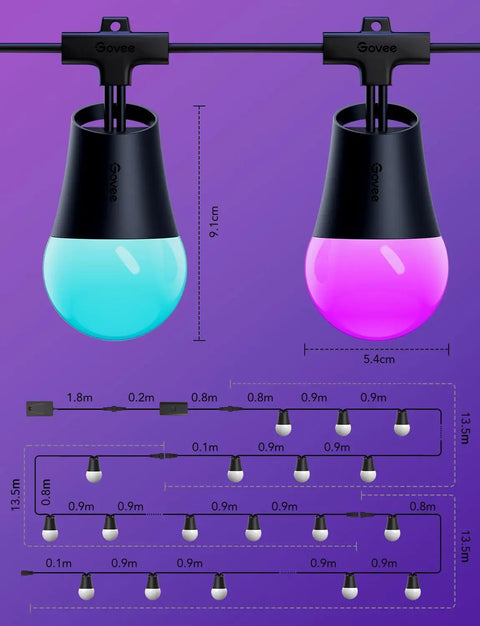 Two-Set 144-Foot Smart Outdoor String Lights With Dimmable Warm White LEDs and RGBICW color effects, close-up of bulbs.