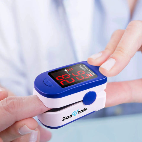 Fingertip Pulse Oximeter With Batteries Included For Quick SpO2 And Pulse Rate Readouts, Large LED Display, Navy Blue, Built For Athletes, Travelers, Climbers, Runners And Everyday Health Enthusiasts on finger