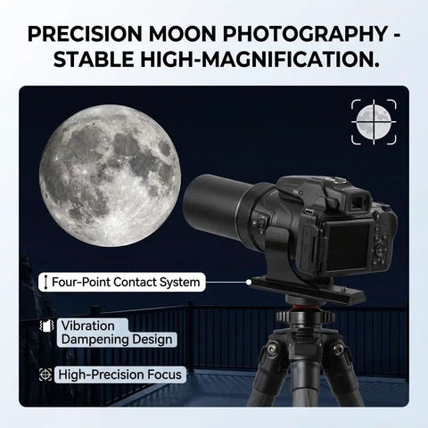 Camera on tripod with Arca-Swiss Quick Release Plate For P1000 And P1100 Cameras aimed at moon, four-point stabilization visible
