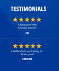 Testimonials with 5-star ratings praising a product for financial reports and effectiveness in use.