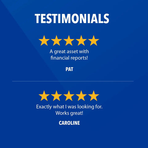 Testimonials with 5-star ratings praising a product for financial reports and effectiveness in use.