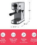 Straight Up Solid Steam Espresso Maker And Coffee Brewer with 20 bar pressure, stainless steel, 16.25" height, 5" cup height.
