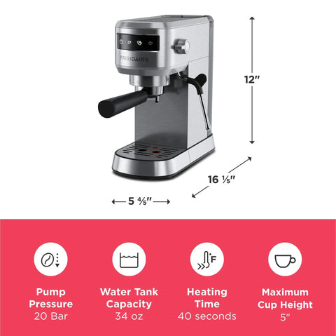 Straight Up Solid Steam Espresso Maker And Coffee Brewer with 20 bar pressure, stainless steel, 16.25" height, 5" cup height.