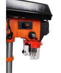 Close-up of Compact 10 Inch Benchtop Drill Press With Enclosed Class I Laser Positioning System and control panel.