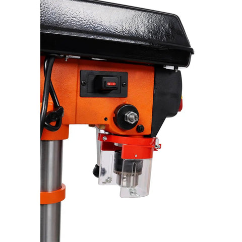 Close-up of Compact 10 Inch Benchtop Drill Press With Enclosed Class I Laser Positioning System and control panel.