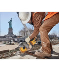 Worker using 9 Inch 5/64 By 7/8 T1 Flexvolt Cutoff Wheel For Metal Cutting Tough As Nails Performance Smooth Finishes And Quick Slices Durable Grinding Wheel Built For Cordless Grinders And Power Tools on rebar
