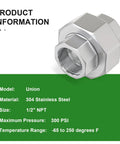 2 Pack 304 Stainless Steel Union Fittings 1 Inch NPT Male To 1 Inch NPT Female Cast Pipe Quick Connect Heavy Duty, Corrosion Resistant, Industrial Grade, Works From Minus 65 Degrees Fahrenheit To 250 Degrees Fahrenheit. 304 stainless steel 1/2 in NPT union fitting