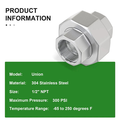 2 Pack 304 Stainless Steel Union Fittings 1 Inch NPT Male To 1 Inch NPT Female Cast Pipe Quick Connect Heavy Duty, Corrosion Resistant, Industrial Grade, Works From Minus 65 Degrees Fahrenheit To 250 Degrees Fahrenheit. 304 stainless steel 1/2 in NPT union fitting
