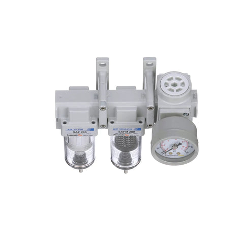 Front view of Three Stage Air Drying System With One Quarter Inch NPT Ten Micron Particulate Filter Point Three Micron Coalescing Filter Pro Grade Air Pressure Regulator Combo Poly Bowl Manual Drain Bracket And Gauge