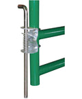 Hella Beefy Zinc Plated Gate Anchor Kit Keeps Your Pasture Fence Straight As An Arrow, showing galvanized latch and spring mechanism.