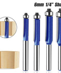 Four Piece Flush Trim Router Bit Set With One Quarter Inch Shank And Top Bearing Includes Cutting Diameters One Quarter Five Sixteenths Three Eighths And One Half Inch Industrial Carbide Cutters For Smooth Finishing On Solid Wood MDF Plywood And More