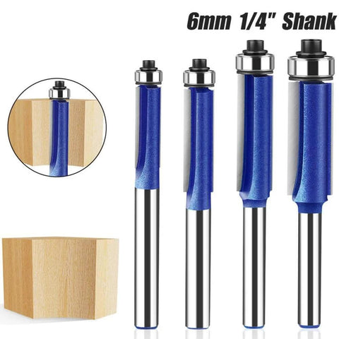 Four Piece Flush Trim Router Bit Set With One Quarter Inch Shank And Top Bearing Includes Cutting Diameters One Quarter Five Sixteenths Three Eighths And One Half Inch Industrial Carbide Cutters For Smooth Finishing On Solid Wood MDF Plywood And More