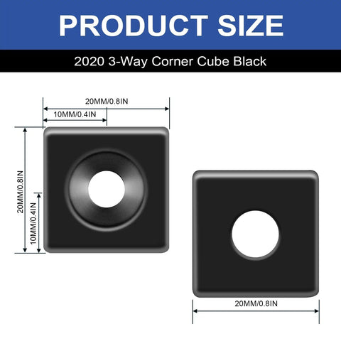 Product size diagram of 8 Pack 2020 Corner Cube M6 Black Connectors For V Slot Aluminum Extrusion, shown with measurements.