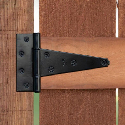 N129 155 V286 Extra Heavy Duty T Hinges Black 6 Inch Two Pack With Offset Screw Holes For Extra Strength And To Prevent Wood From Splitting Built To Last For Doors Sheds And Exterior Use Made From Hot Rolled Steel installed on a wooden gate