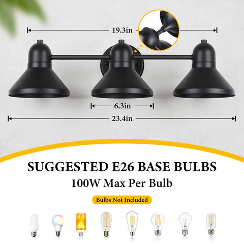 Lit 3 Light Vanity Bath Fixture Over Mirror In Matte Black Modern Farmhouse Rustic Industrial Wall Mount Sconce with bulb types