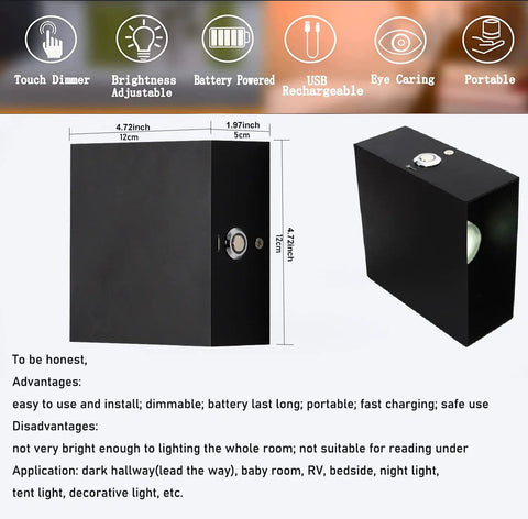 Rechargeable Wireless LED Wall Lamp With Touch Switch Two Pack Black 6000K Sconce Lights No Fuss For Bedroom Hallway cordless design
