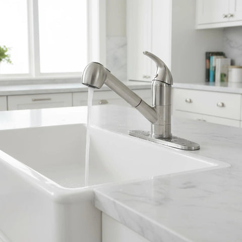 Kitchen Faucet With Pull Out Sprayer, Low Profile Stainless Steel, Single Handle Brushed Nickel Workhorse For Laundry Or Kitchen, 1 Or 3 Hole Installation, Grifo De Cocina over white sink