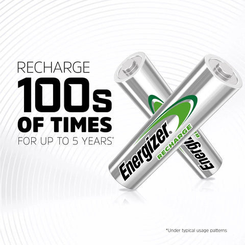 Energizer Power Plus AA rechargeable batteries, 4-pack, silver cylindrical cells with green Energizer logo.