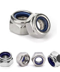 Heavy Duty Pro Grade Nylon Inserted M8 Hex Lock Nuts Self Locking 1.25 Pitch 304 Stainless Steel with 13mm Hex M8x1.25 Right Hand Threads 20 Pack in Plastic Storage Box, showing front and top views of nuts.