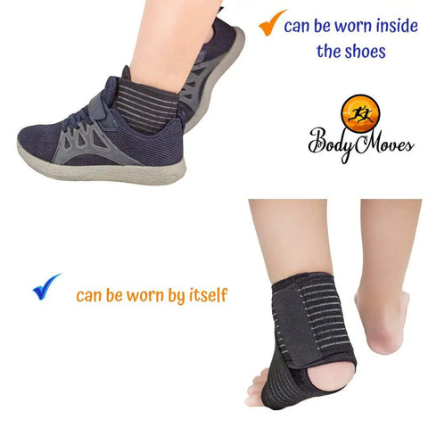 Kids Ankle Brace With Adjustable Support And Hot Cold Ice Pack For Sprain Recovery, Sporty Black, worn inside and outside shoe