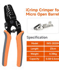Pro Grade Mini Micro Open Barrel Crimping Tool For AWG 28 20 Terminals Including JAM Molex Tyco JST Connectors Handy For FPV Drones Servo Leads And RC Projects Non Insulated Crimp Tool with specifications and model IWS-2820M.