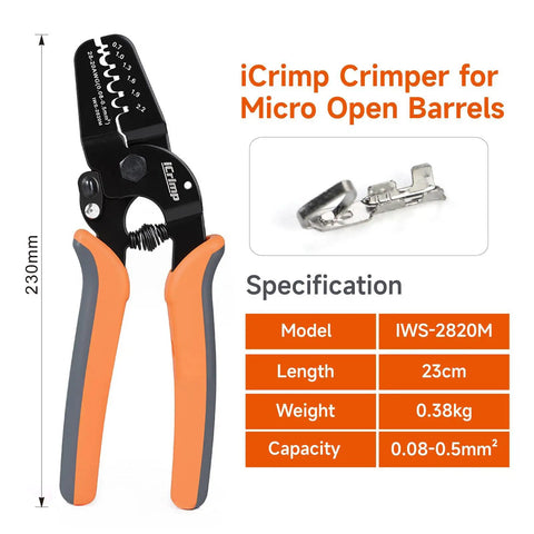 Pro Grade Mini Micro Open Barrel Crimping Tool For AWG 28 20 Terminals Including JAM Molex Tyco JST Connectors Handy For FPV Drones Servo Leads And RC Projects Non Insulated Crimp Tool with specifications and model IWS-2820M.