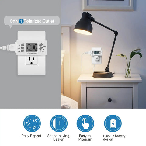 Two Pack 24 Hour Outlet Timer For Indoor Lamps Fans And Aquariums 125V 15A 1000W Digital Light Timer on bedside table