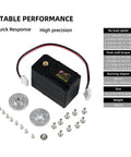 Beefy 30KG High Torque 12V Continuous Rotation Servo Set with mounting hardware, shown with dimensions and performance stats.