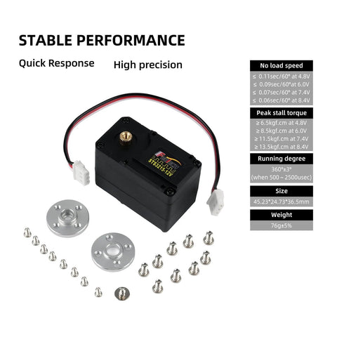 Beefy 30KG High Torque 12V Continuous Rotation Servo Set with mounting hardware, shown with dimensions and performance stats.
