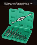 Premium 11 Piece Broken Screw Extractor Set With High Speed Steel Drill Bits And Tap Handle To Bust Stripped Rusted Bolts And Fasteners Using Left Hand Spiral Flute Tools For Any Tough Fix It Job green case open with HSS bits