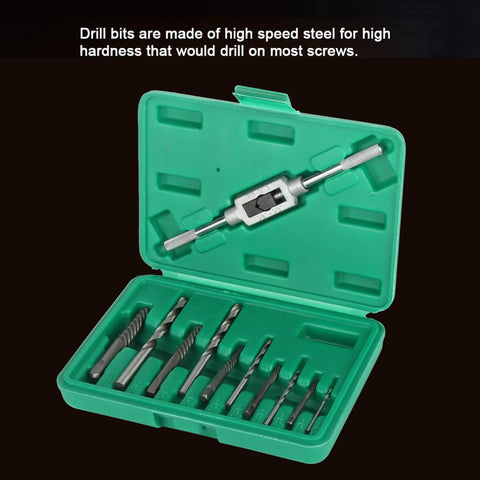 Premium 11 Piece Broken Screw Extractor Set With High Speed Steel Drill Bits And Tap Handle To Bust Stripped Rusted Bolts And Fasteners Using Left Hand Spiral Flute Tools For Any Tough Fix It Job green case open with HSS bits