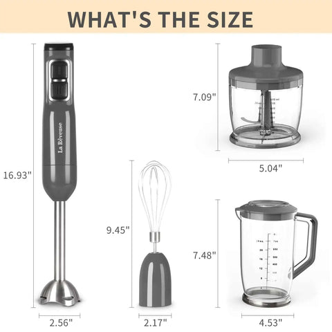 Heavy Duty Handheld Immersion Blender With 300 Watt Motor And Ultra Quiet Operation size comparison with whisk, measuring pitcher, and chopper.