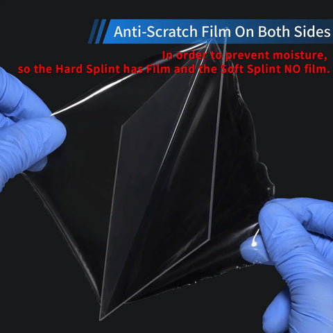 Hands holding Bubble-Free 2.0mm Thermoforming Sheets For Dental Lab Splints with anti-scratch film, square 5x5 inch sheet