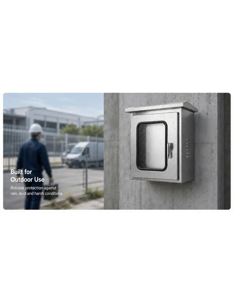 Stainless Steel Outdoor Electrical Enclosure With Waterproof Junction Box For Industrial And Coastal Environments Beefy 304 Alloy Steel Shell Dual Door Weather Shield Dustproof Rugged Corrosion Resistant Easy Mounting And Safe Cable Entry on concrete wall