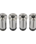 Four collets from 72 Piece Precision 5C Collet Set Inch Range 1/64 to 1-1/8 Inch, shown in metallic finish.