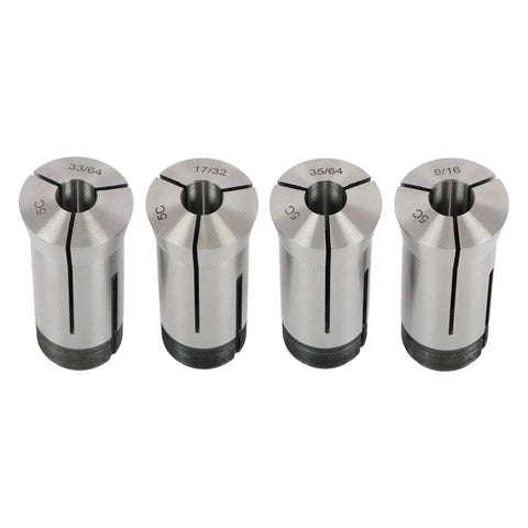Four collets from 72 Piece Precision 5C Collet Set Inch Range 1/64 to 1-1/8 Inch, shown in metallic finish.