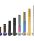 Top Notch Titanium M10 Flange Hex Screws, Super Heavy Duty Serrated Lock Tightening Fasteners display in various sizes and colors.