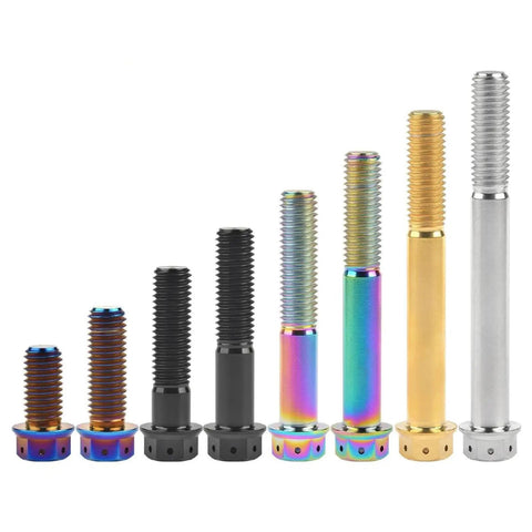 Top Notch Titanium M10 Flange Hex Screws, Super Heavy Duty Serrated Lock Tightening Fasteners display in various sizes and colors.