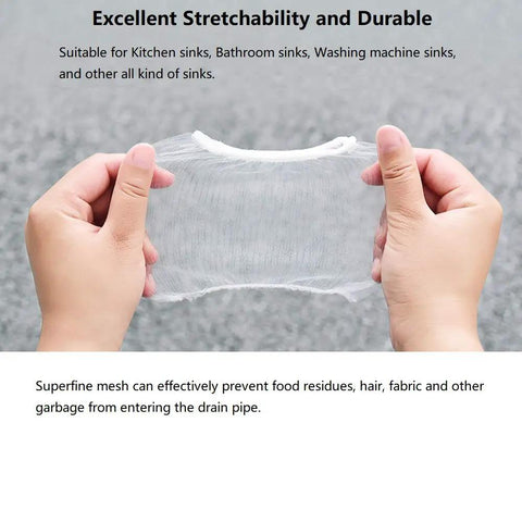 Disposable Kitchen Sink Strainer Mesh Bags 200 Pack Universal Fit for All Drain Strainers held by hands showing stretchability