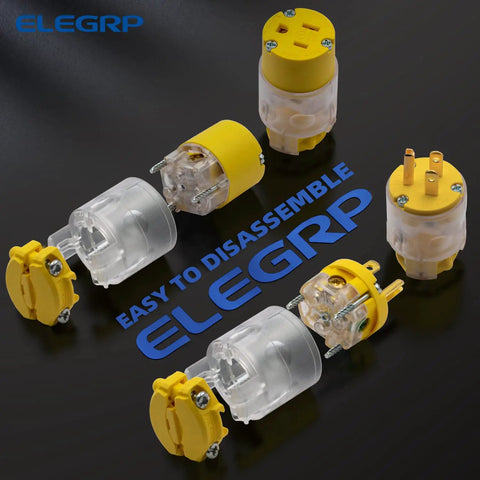 Lighted Straight Blade Electrical Plug And Connector Set 15 Amp 125 Volt NEMA 5 15P NEMA 5 15R 2 Pole 3 Wire Grounding Commercial Grade Yellow Replacement End For Heavy Duty Use