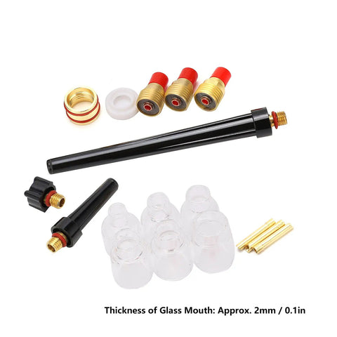 Components of Go To Welding Glass Cup Nozzle Kit for WP9 20 Argon Torch, including glass cups and brass fittings, displayed on white background