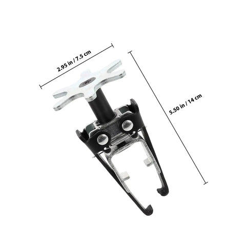 Valve Spring Compressor Tool With Unique Clamp Design for Easy Valve Removal, shown in size measurements, heavy duty steel tool.