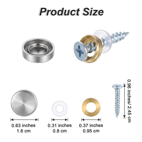 Heavy Duty Mirror Screw Caps With Stainless Steel Decorative Hardware Slick Silver Covers And Copper Silicone Washers Top Shelf Furniture And Glass Sign Fittings Built Like A Tank, showing product size and details.