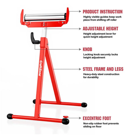 2 Pack Folding Roller Stands With 27 To 43 Inch Adjustable Height Heavy Duty Steel Build Ideal Outfeed Support For Table Saws And Woodworking Each Pair Holds Up To 500 Lbs Tool Free Height Adjustment showing steel frame and adjustable features