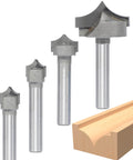 Four Piece One Quarter Inch Shank Roundover Plunge Router Bit Set With Three Eighths, Half And One Inch Cutting Diameters And Radii
