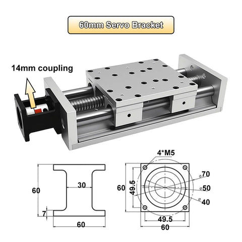 60mm servo bracket with 14mm coupling, showcasing aluminum structure and detailed dimensions for precise applications.